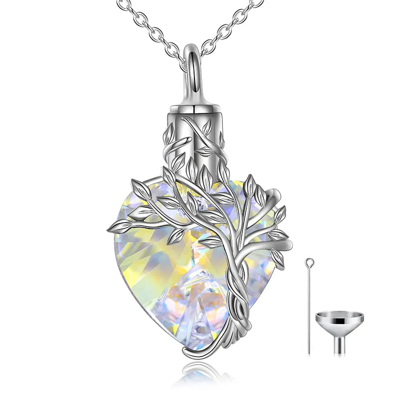 Heart Tree of Life Urn Necklace for Ashes Sterling Silver Cremation Jewelry with Crystal w/Funnel Filler - Image 30