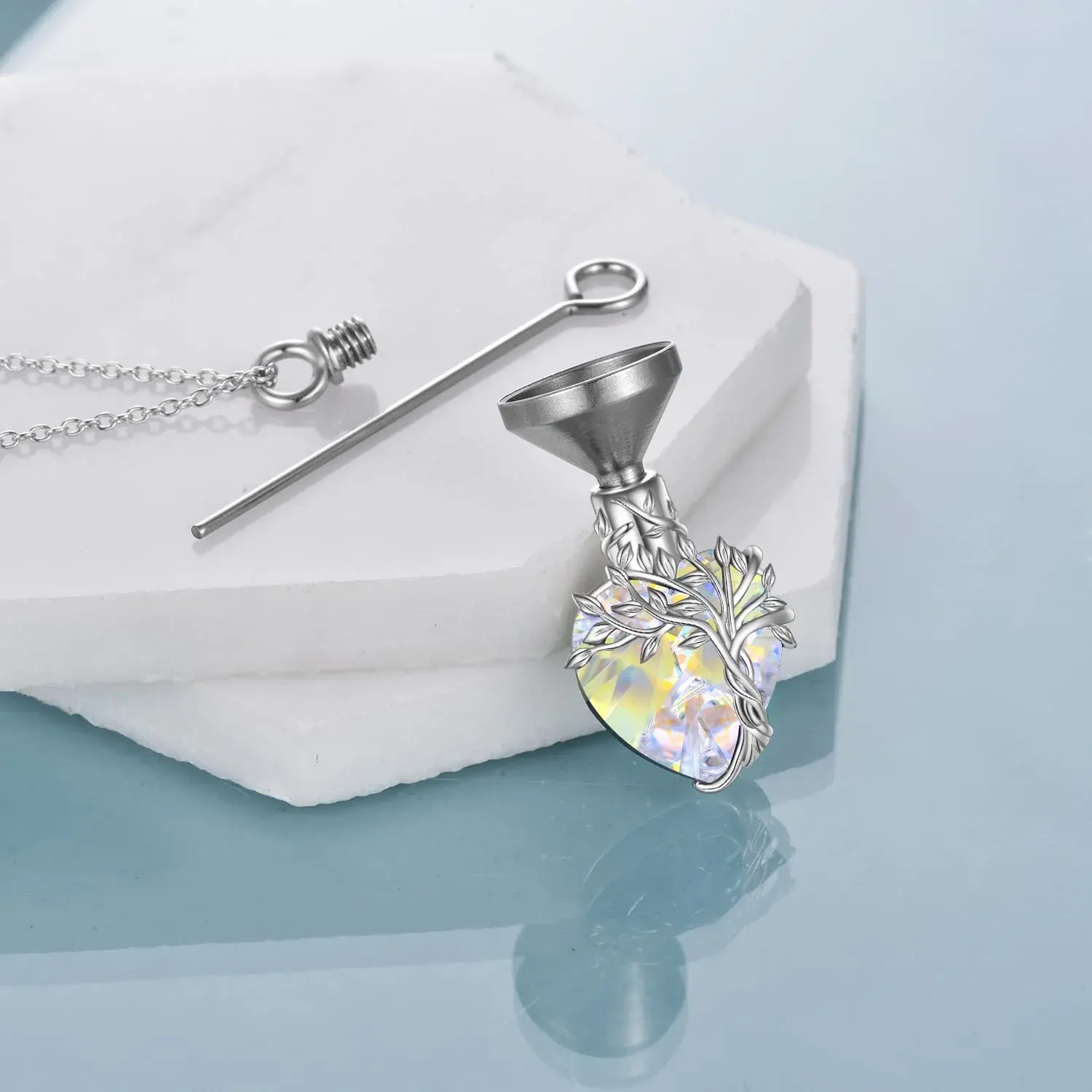 Heart Tree of Life Urn Necklace for Ashes Sterling Silver Cremation Jewelry with Crystal w/Funnel Filler - Image 31
