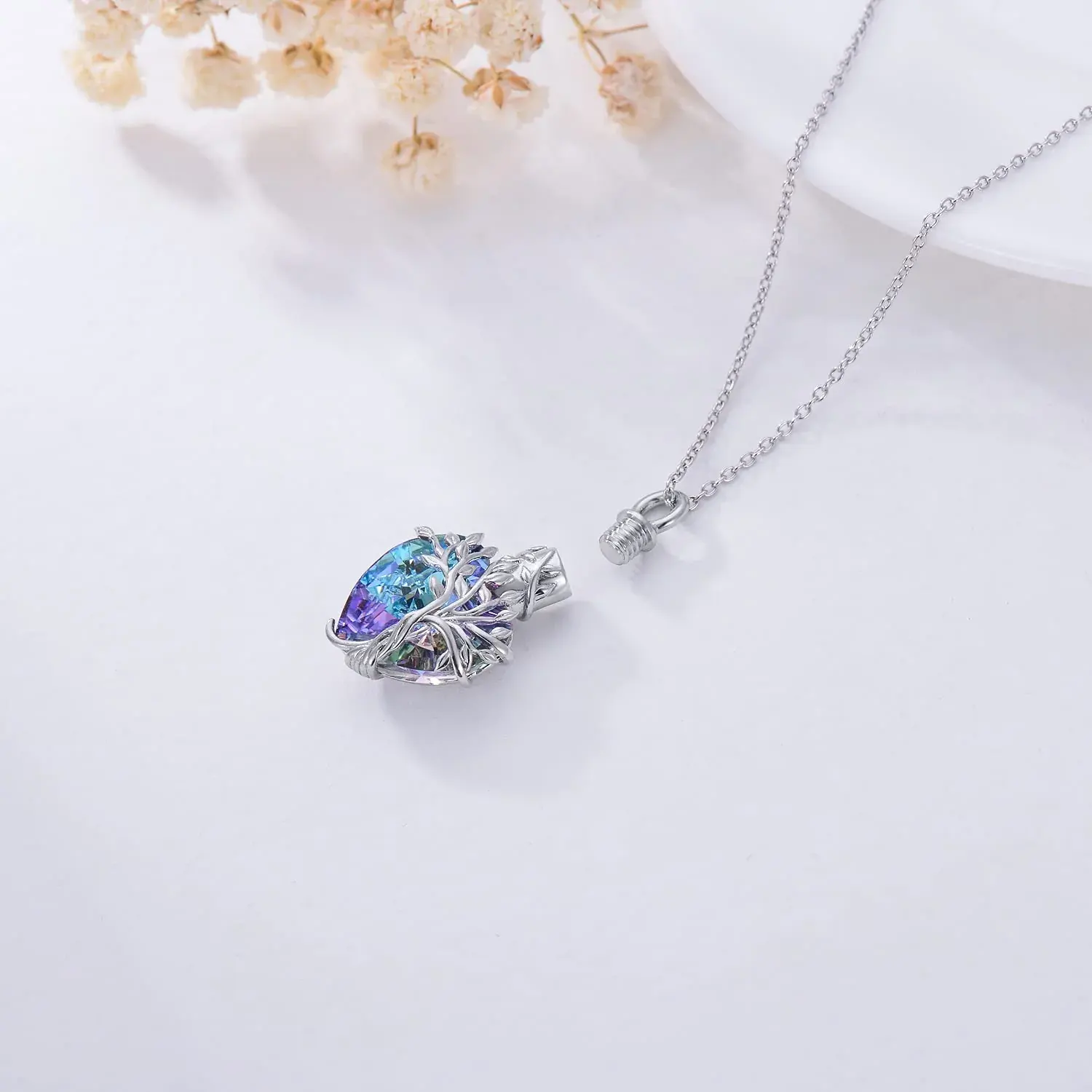 Heart Tree of Life Urn Necklace for Ashes Sterling Silver Cremation Jewelry with Crystal w/Funnel Filler - Image 4