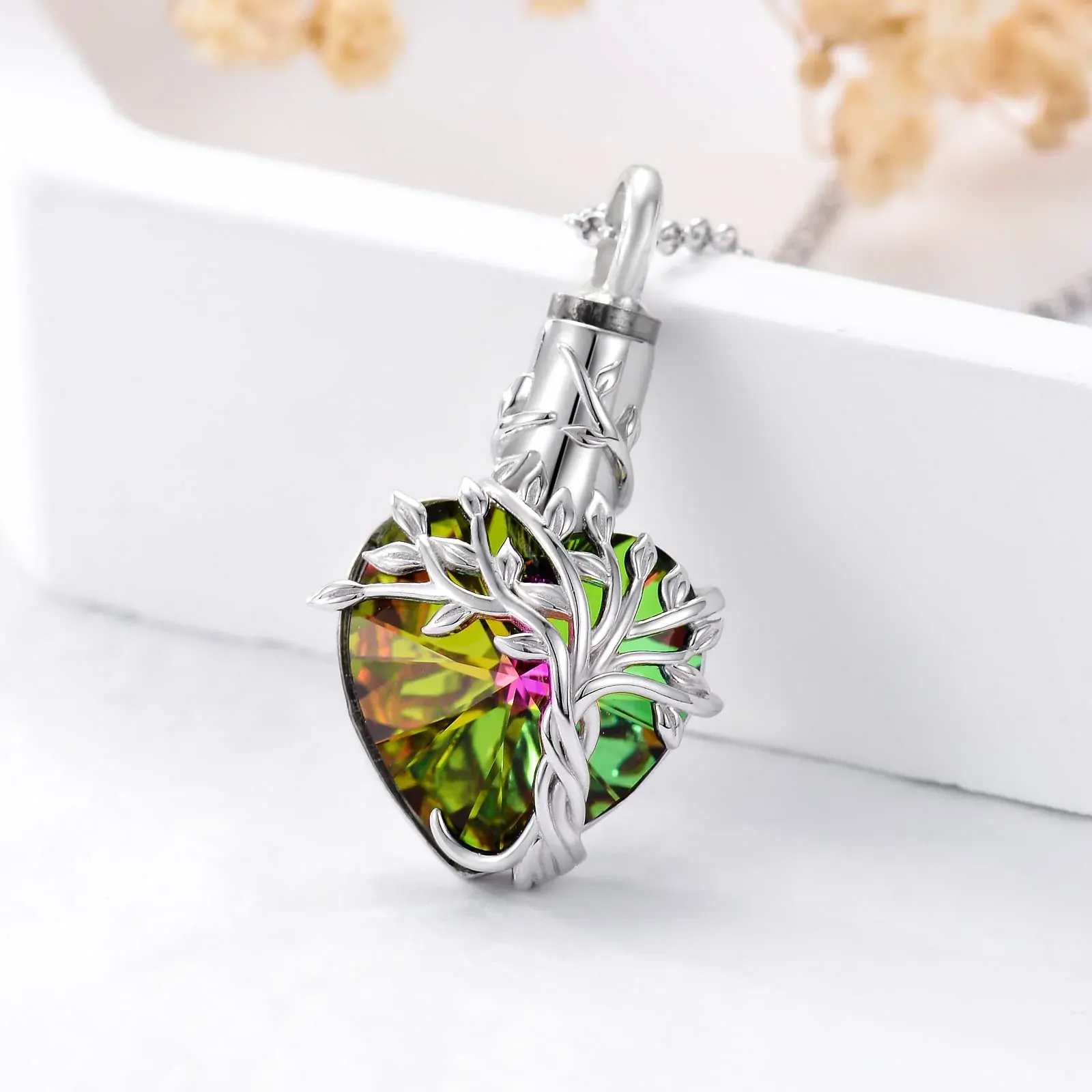 Heart Tree of Life Urn Necklace for Ashes Sterling Silver Cremation Jewelry with Crystal w/Funnel Filler - Image 48