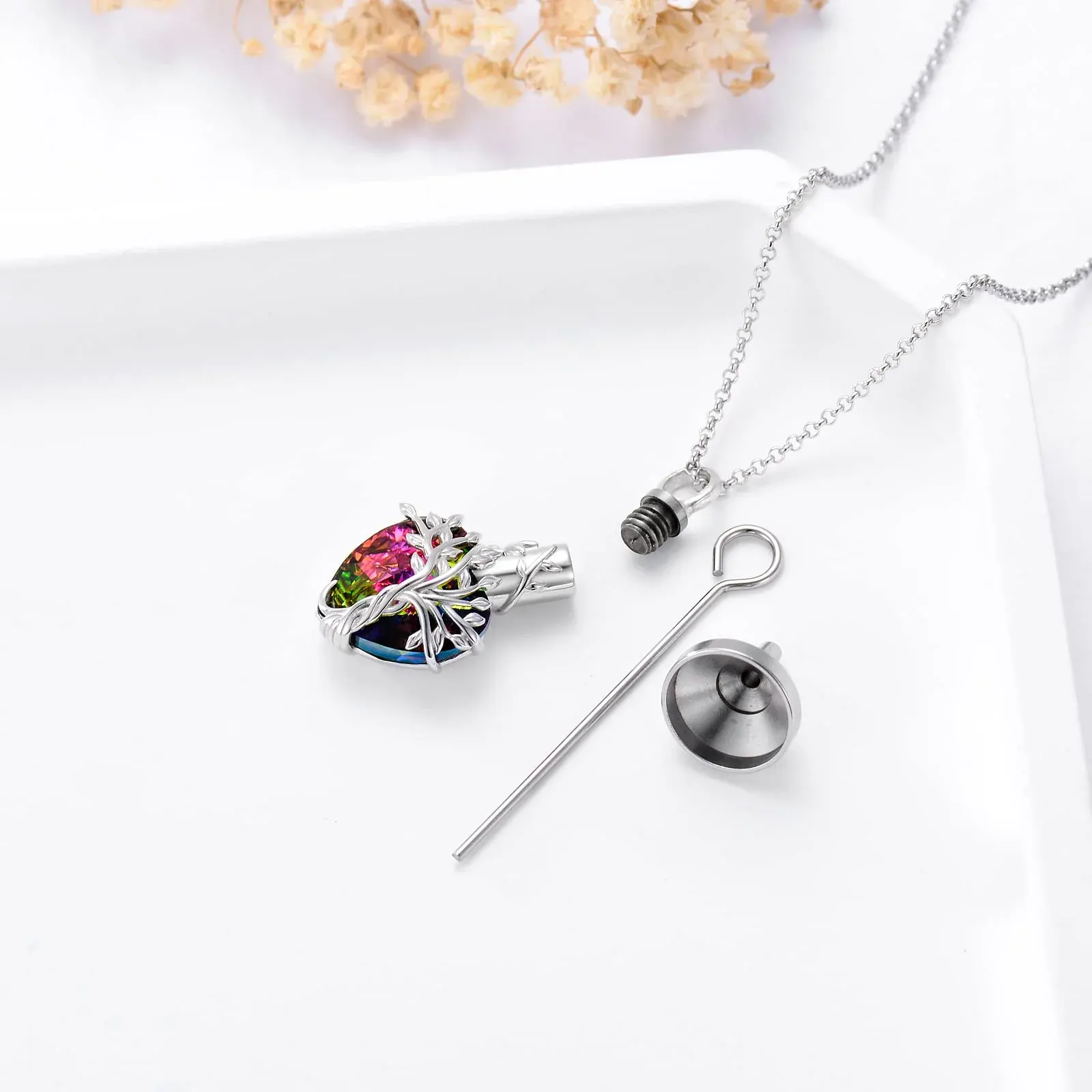 Heart Tree of Life Urn Necklace for Ashes Sterling Silver Cremation Jewelry with Crystal w/Funnel Filler - Image 49