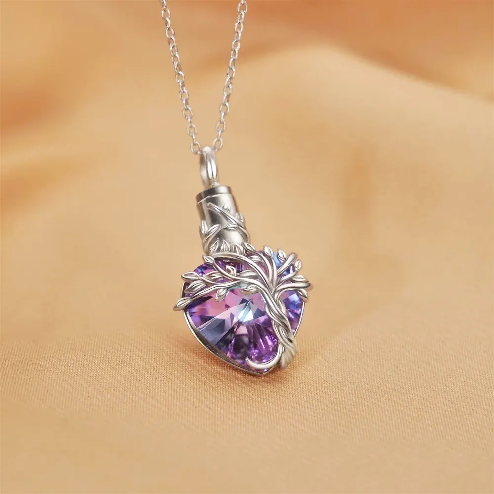 Heart Tree of Life Urn Necklace for Ashes Sterling Silver Cremation Jewelry with Crystal w/Funnel Filler - Image 5