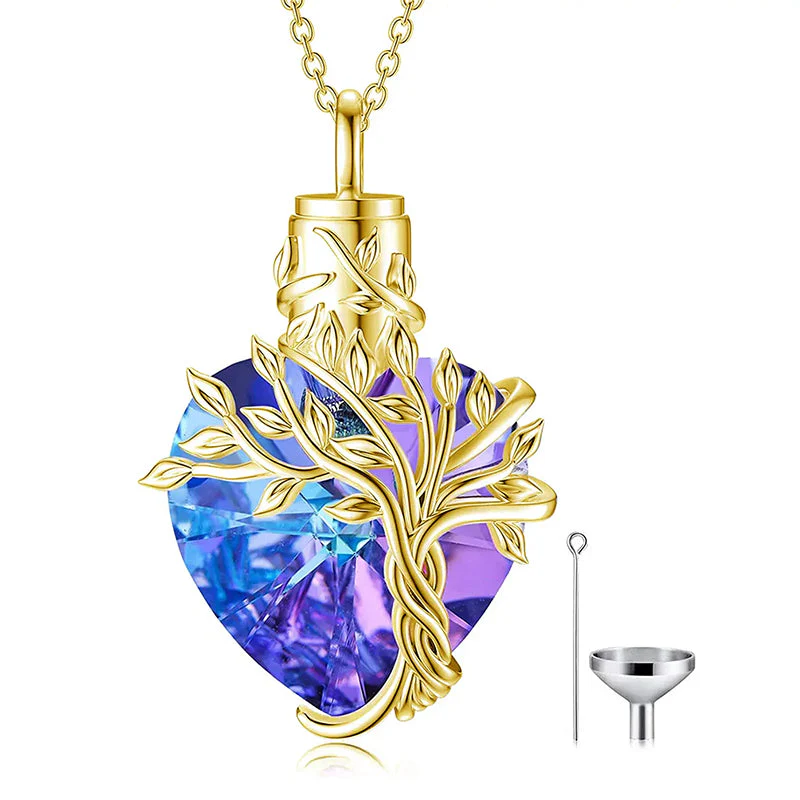 Heart Tree of Life Urn Necklace for Ashes Sterling Silver Cremation Jewelry with Crystal w/Funnel Filler - Image 58