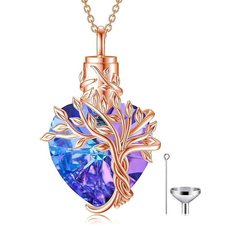 Heart Tree of Life Urn Necklace for Ashes Sterling Silver Cremation Jewelry with Crystal w/Funnel Filler - Image 59