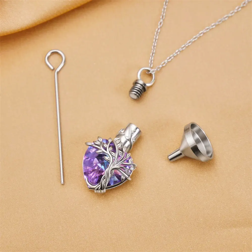 Heart Tree of Life Urn Necklace for Ashes Sterling Silver Cremation Jewelry with Crystal w/Funnel Filler - Image 6
