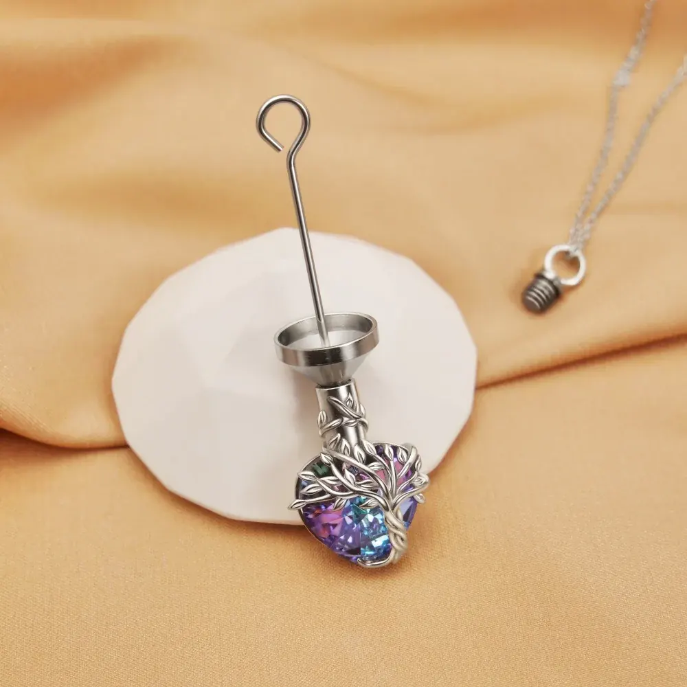 Heart Tree of Life Urn Necklace for Ashes Sterling Silver Cremation Jewelry with Crystal w/Funnel Filler - Image 7