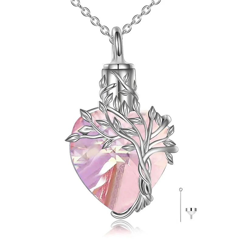 Heart Tree of Life Urn Necklace for Ashes Sterling Silver Cremation Jewelry with Crystal w/Funnel Filler - Image 75