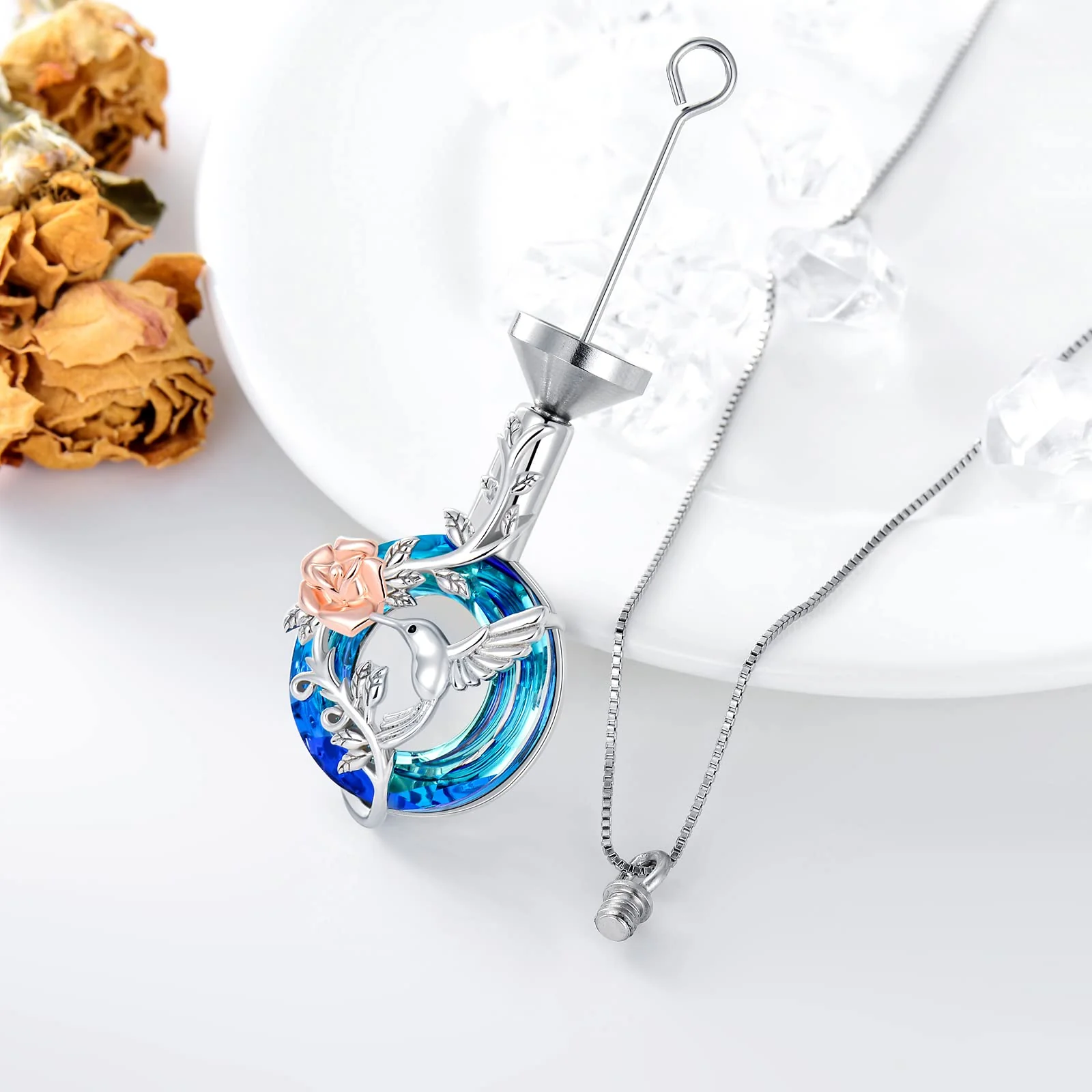 Hummingbird Urn Necklace for Ashes Sterling Silver with Crystal Cremation Jewelry w/Funnel Filler Keepsake Memory Jewelry for Women Girls - Image 3