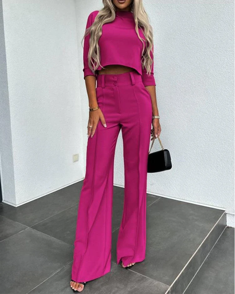 Solid Color Jacket & High Waist Straight Pants Set (Buy 2 Free shipping) - Image 11