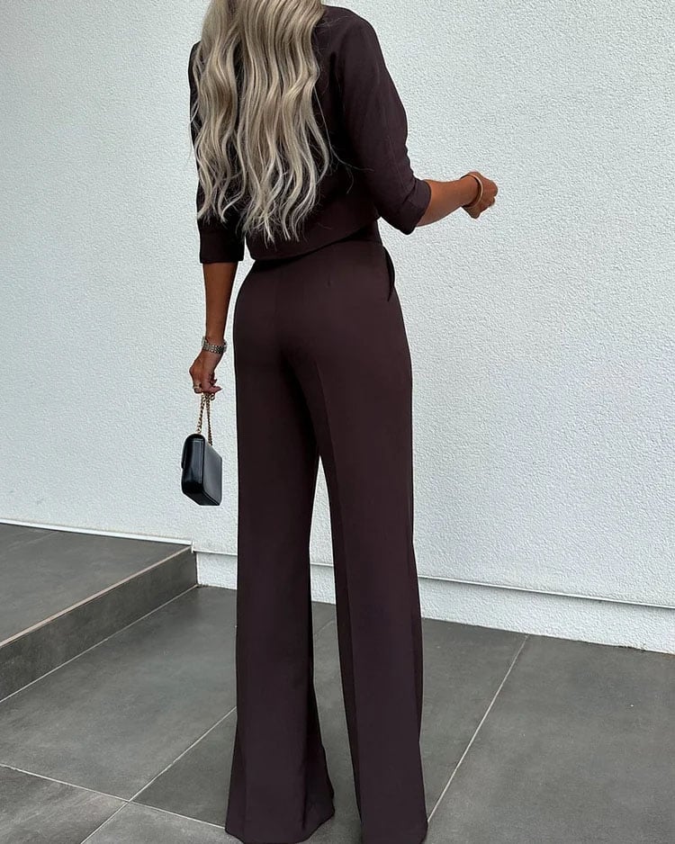 Solid Color Jacket & High Waist Straight Pants Set (Buy 2 Free shipping) - Image 3