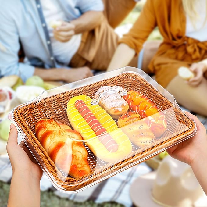 π Large Handwoven Rattan-Style Bread Basket with Clear Acrylic Lid - Image 2
