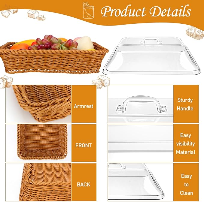 π Large Handwoven Rattan-Style Bread Basket with Clear Acrylic Lid - Image 4