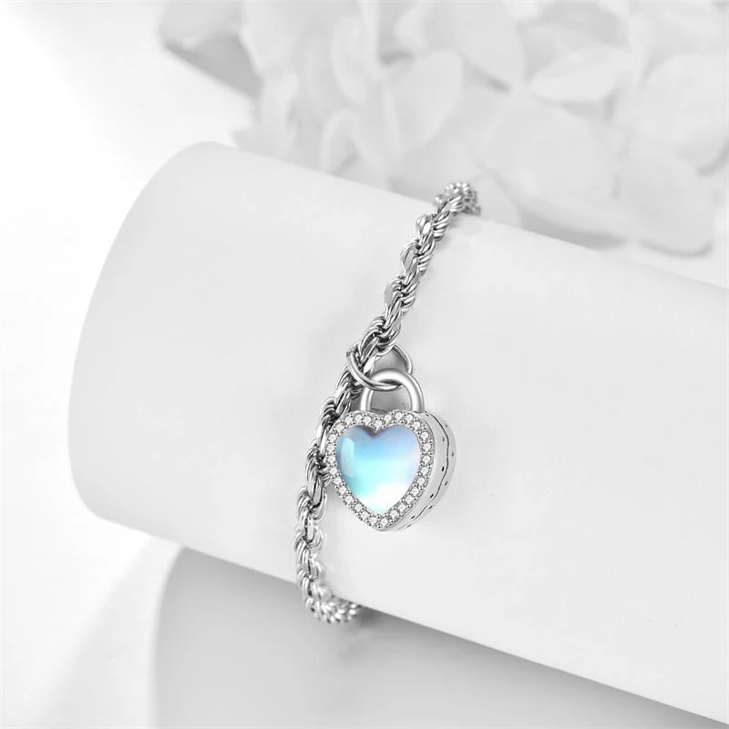 Lock Moonstone Urns Bracelet for Ashes Lock of Love Heart Clasp Charms Urn Ashes Bracelet 925 Sterling Silver Cremation Keepsake Bracelet Jewelry - Image 3