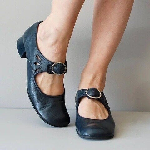 Mary Jane Leather Comfortable Low-Heeled Buckle Strap Shoes - Image 3