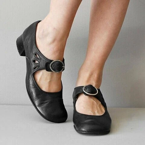 Mary Jane Leather Comfortable Low-Heeled Buckle Strap Shoes - Image 9