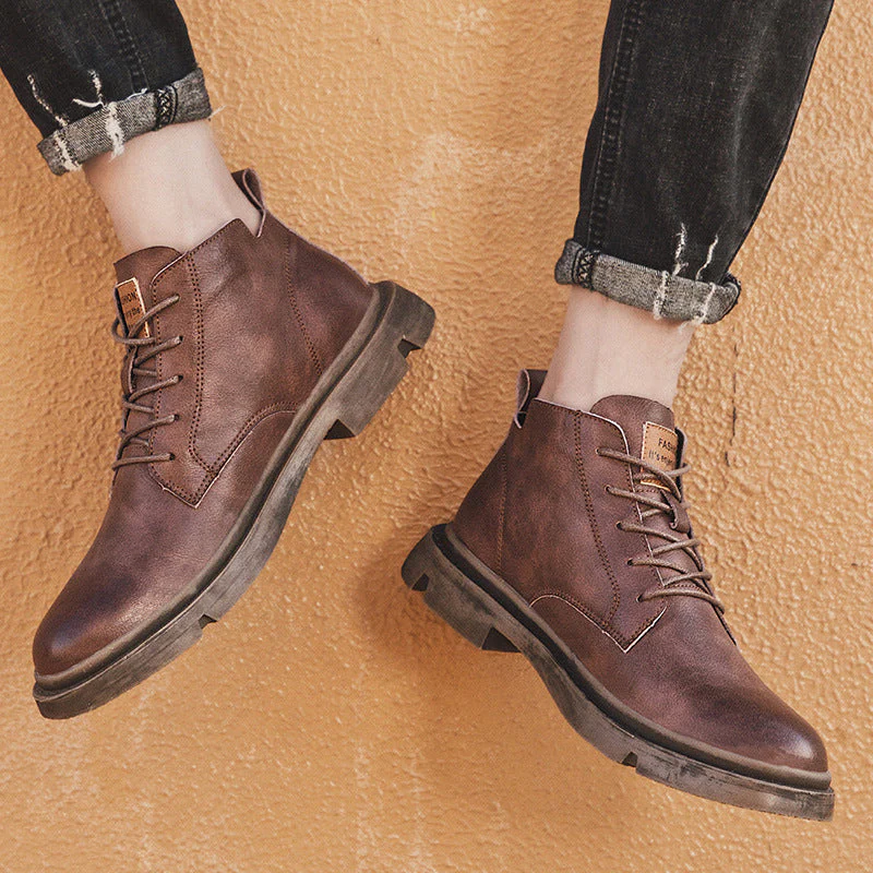 Men's Lace-Up Round Toe Work Casual Leather Boots - Image 3
