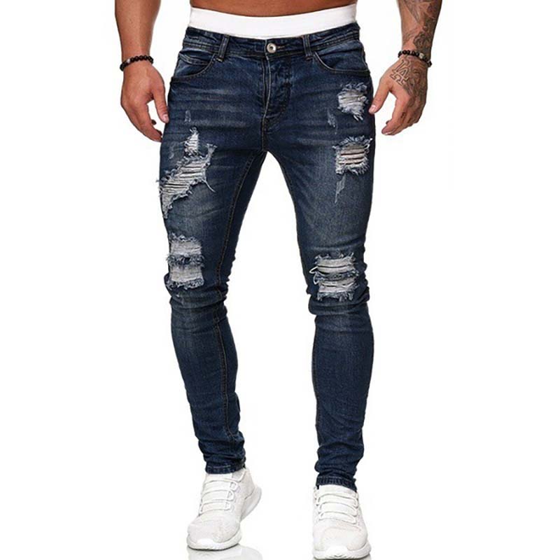 Men's ripped white slim fit jeans fashion pencil pants - Image 2