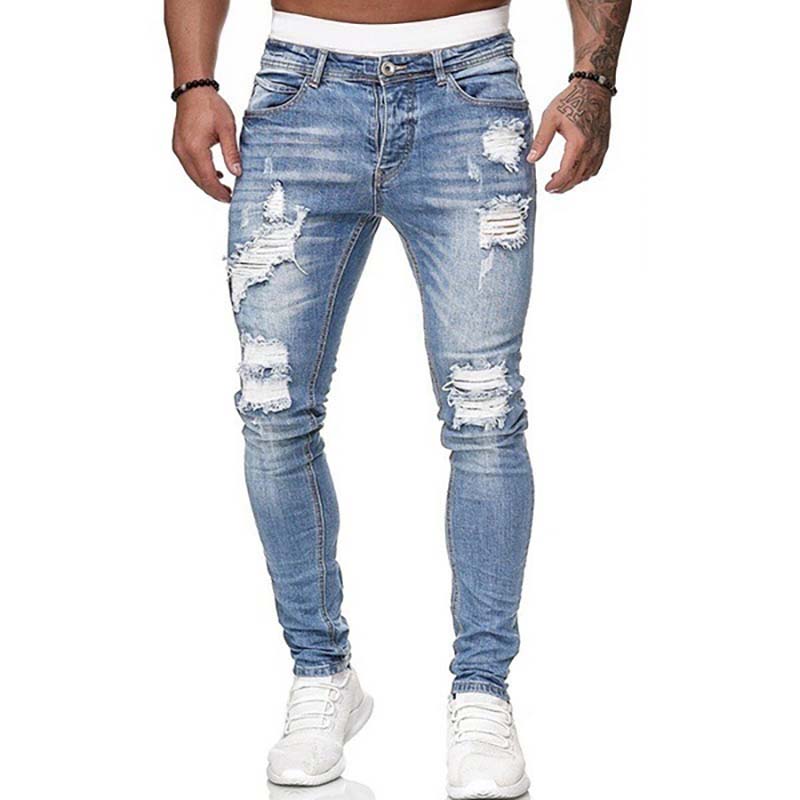 Men's ripped white slim fit jeans fashion pencil pants - Image 3