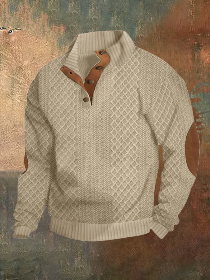 Men's Casual Jacquard Loose Half Button Standing Collar Pullover Sweatshirt - Image 3