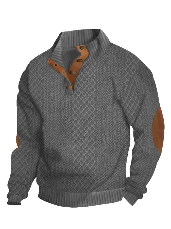 Men's Casual Jacquard Loose Half Button Standing Collar Pullover Sweatshirt - Image 6