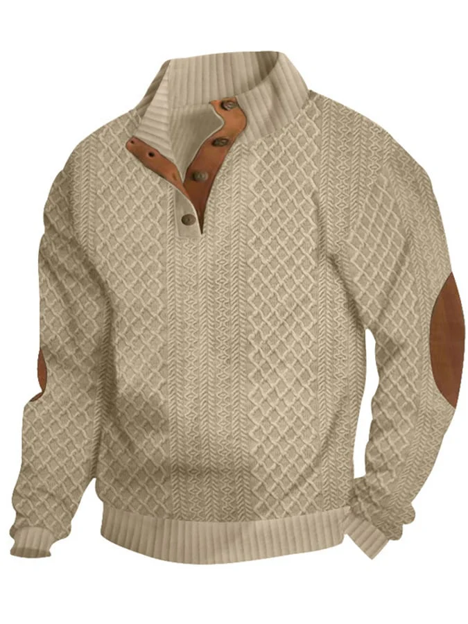 Men's Casual Jacquard Loose Half Button Standing Collar Pullover Sweatshirt - Image 7