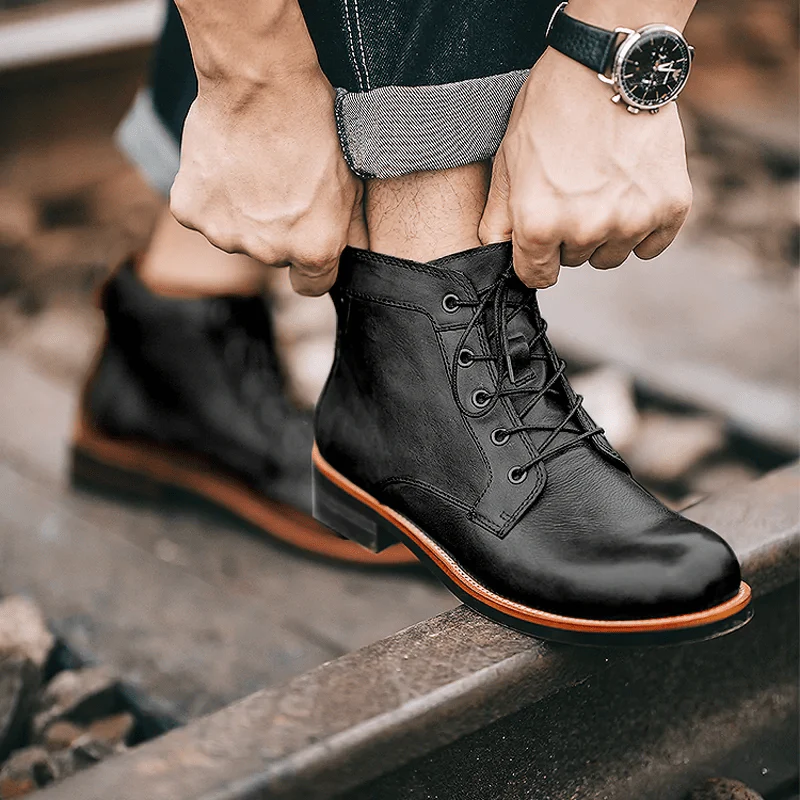 Mens Genuine Leather Waterproof Non-slip Arch Support Vintage Casual Chukka Boots - Image 3