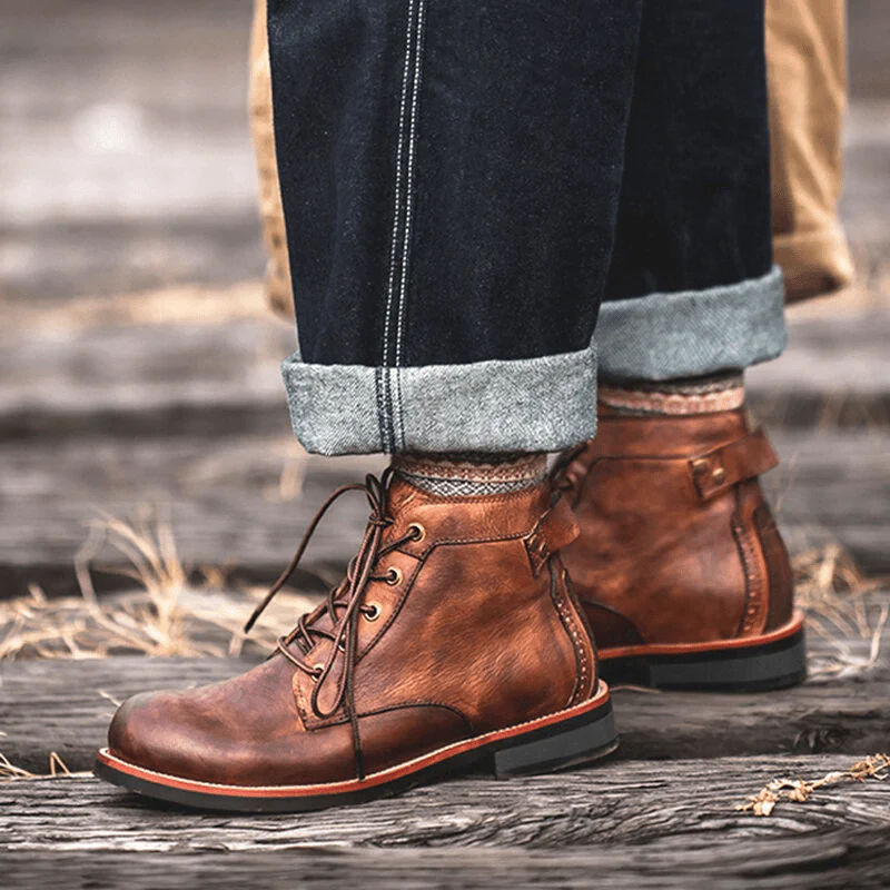 Mens Genuine Leather Waterproof Non-slip Arch Support Vintage Casual Chukka Boots - Image 4