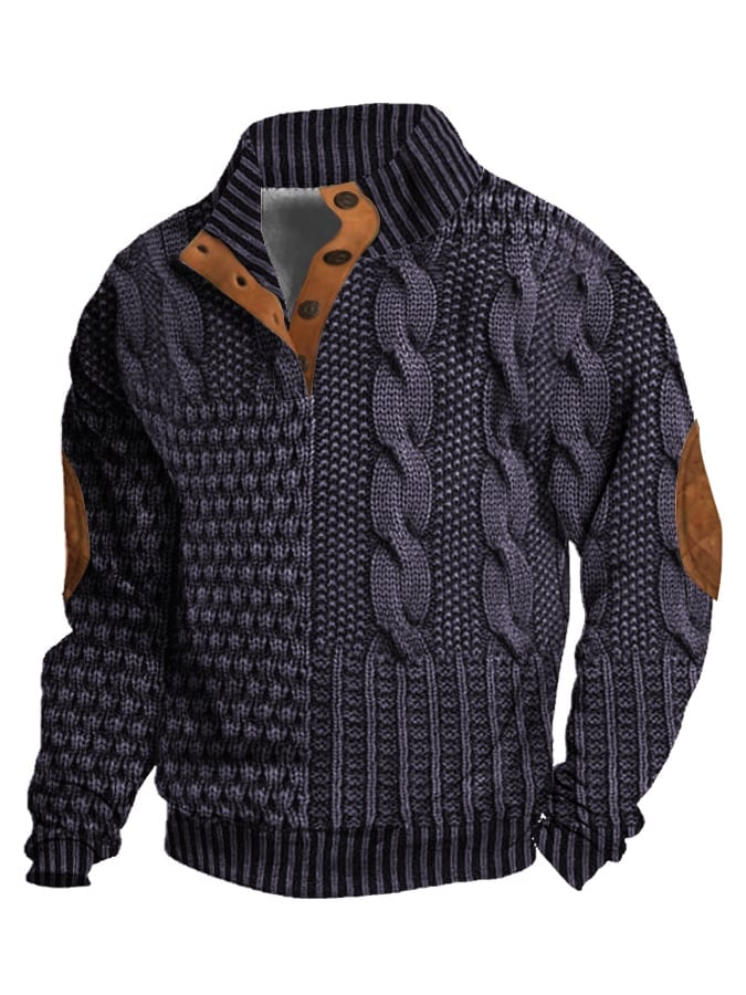 Elegant texture men's casual retro cashmere stand collar button sweatshirt - Image 15
