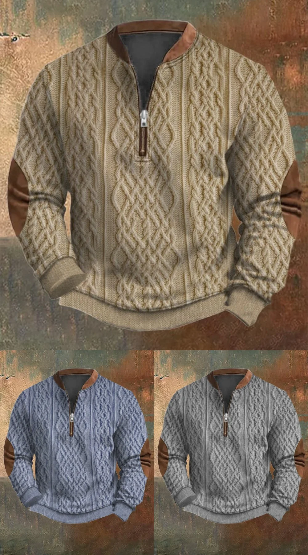 Men's Vintage Knit Print Zip-Up Sweatshirt - Image 4