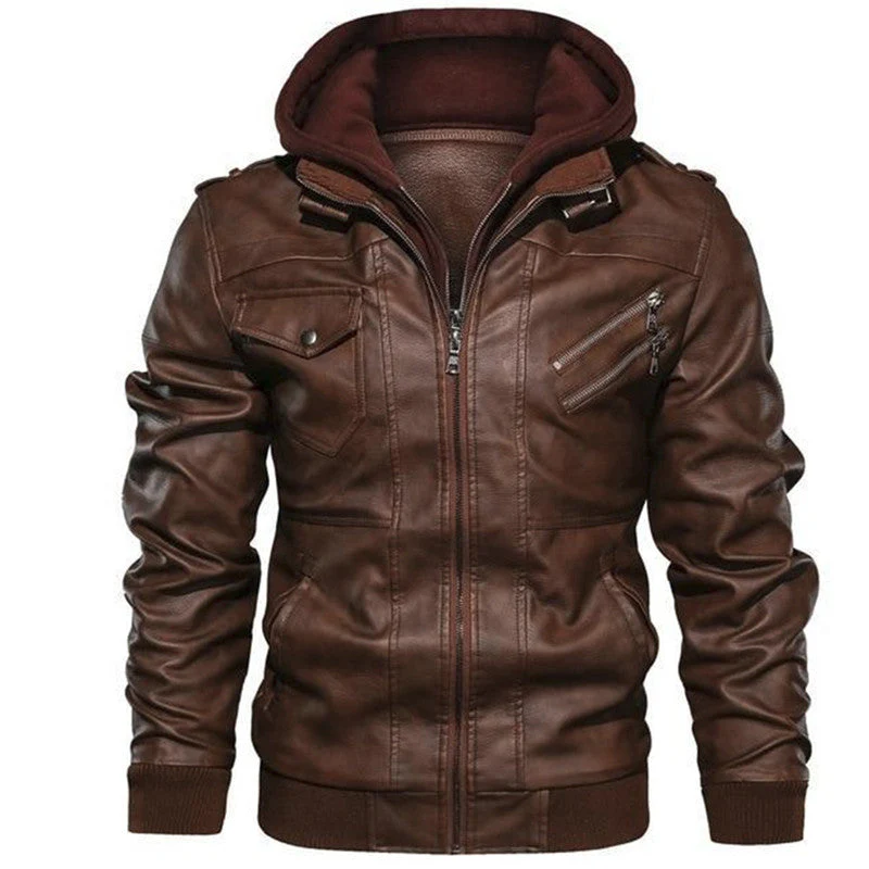 ❄️Men's Zipper PU Leather Hooded Jacket - Image 5