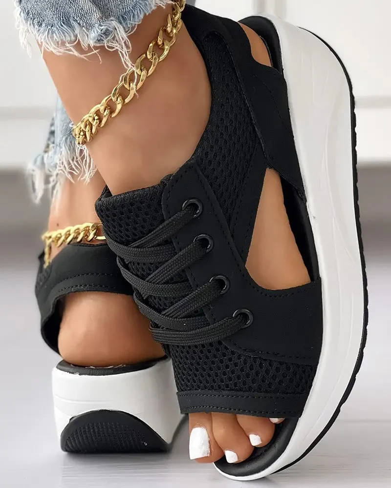 Contrast Paneled Cutout Lace-up Muffin Sandals - Image 2