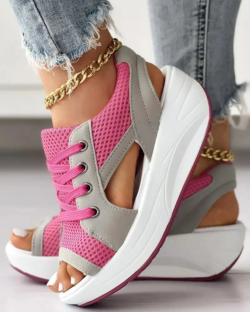 Contrast Paneled Cutout Lace-up Muffin Sandals - Image 8
