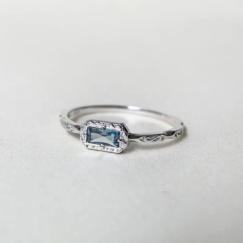 Natural Moss Agate /Blue Topaz /Opal Wedding Band Ring Sterling Silver Art Deco Unique Baguette Cut Green Agate Anniversary Rings - Image 10