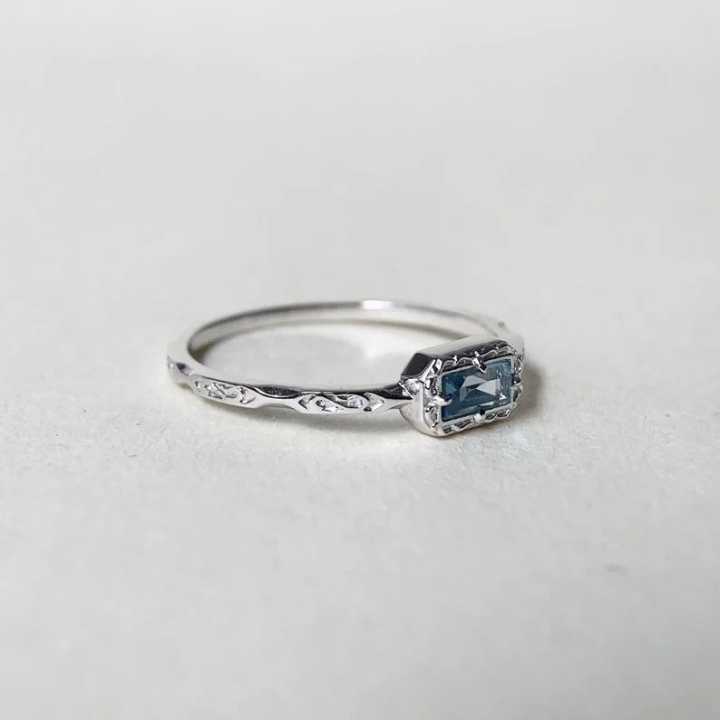 Natural Moss Agate /Blue Topaz /Opal Wedding Band Ring Sterling Silver Art Deco Unique Baguette Cut Green Agate Anniversary Rings - Image 11