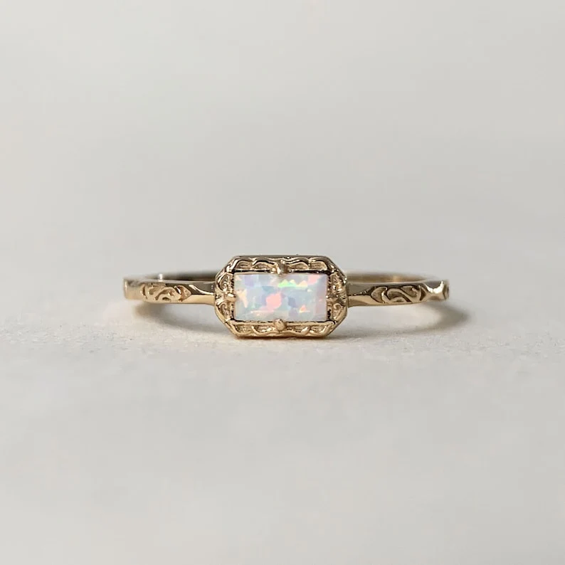 Natural Moss Agate /Blue Topaz /Opal Wedding Band Ring Sterling Silver Art Deco Unique Baguette Cut Green Agate Anniversary Rings - Image 13