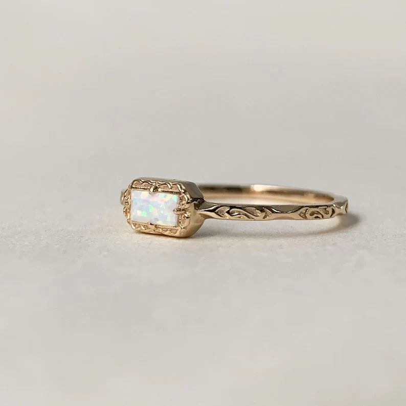 Natural Moss Agate /Blue Topaz /Opal Wedding Band Ring Sterling Silver Art Deco Unique Baguette Cut Green Agate Anniversary Rings - Image 16