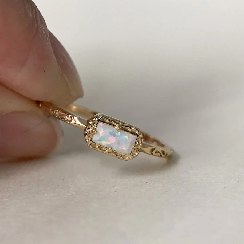 Natural Moss Agate /Blue Topaz /Opal Wedding Band Ring Sterling Silver Art Deco Unique Baguette Cut Green Agate Anniversary Rings - Image 18