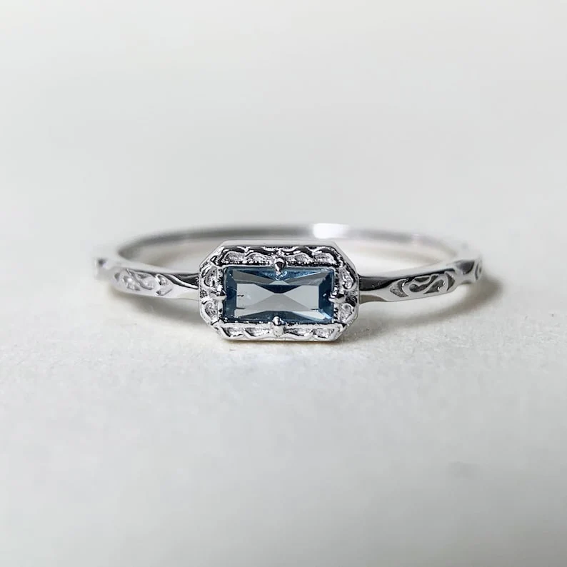 Natural Moss Agate /Blue Topaz /Opal Wedding Band Ring Sterling Silver Art Deco Unique Baguette Cut Green Agate Anniversary Rings - Image 26