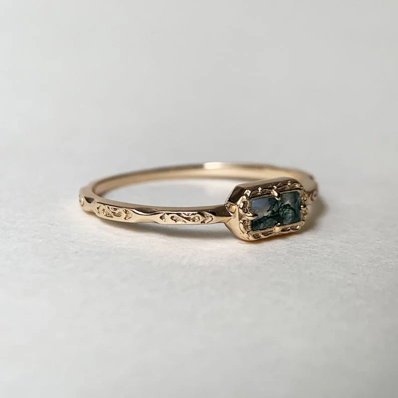 Natural Moss Agate /Blue Topaz /Opal Wedding Band Ring Sterling Silver Art Deco Unique Baguette Cut Green Agate Anniversary Rings - Image 3