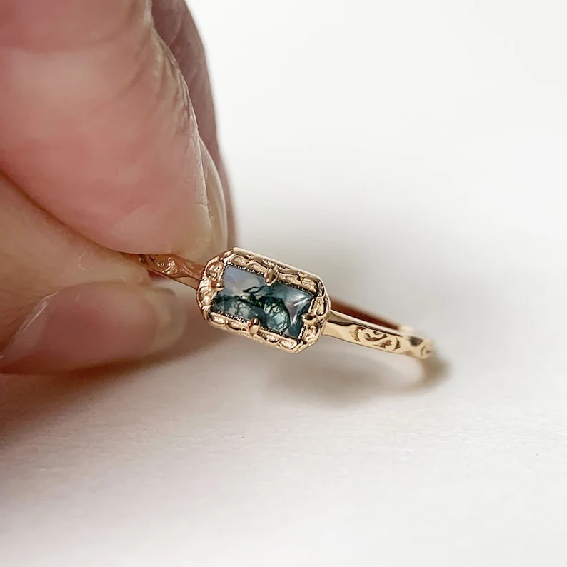 Natural Moss Agate /Blue Topaz /Opal Wedding Band Ring Sterling Silver Art Deco Unique Baguette Cut Green Agate Anniversary Rings - Image 4