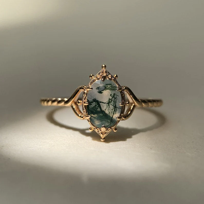 Natural Moss Agate Engagement Ring Vintage 925 Sterling Silver Gold Solitaire Rings Promise Jewelry Gift for Women - Image 10