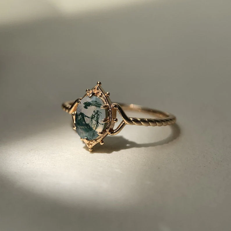 Natural Moss Agate Engagement Ring Vintage 925 Sterling Silver Gold Solitaire Rings Promise Jewelry Gift for Women - Image 3
