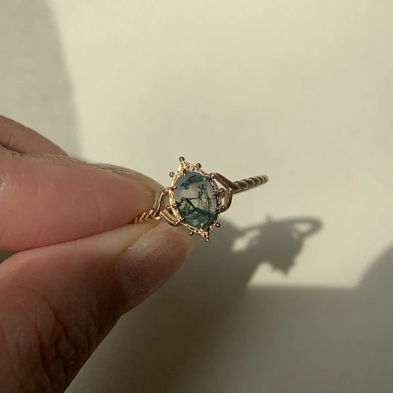Natural Moss Agate Engagement Ring Vintage 925 Sterling Silver Gold Solitaire Rings Promise Jewelry Gift for Women - Image 4