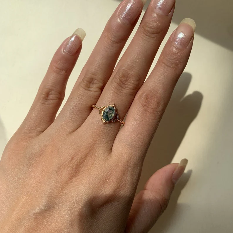 Natural Moss Agate Engagement Ring Vintage 925 Sterling Silver Gold Solitaire Rings Promise Jewelry Gift for Women - Image 5