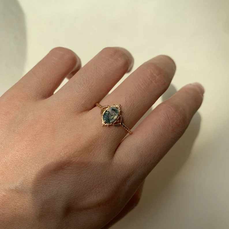Natural Moss Agate Engagement Ring Vintage 925 Sterling Silver Gold Solitaire Rings Promise Jewelry Gift for Women - Image 6