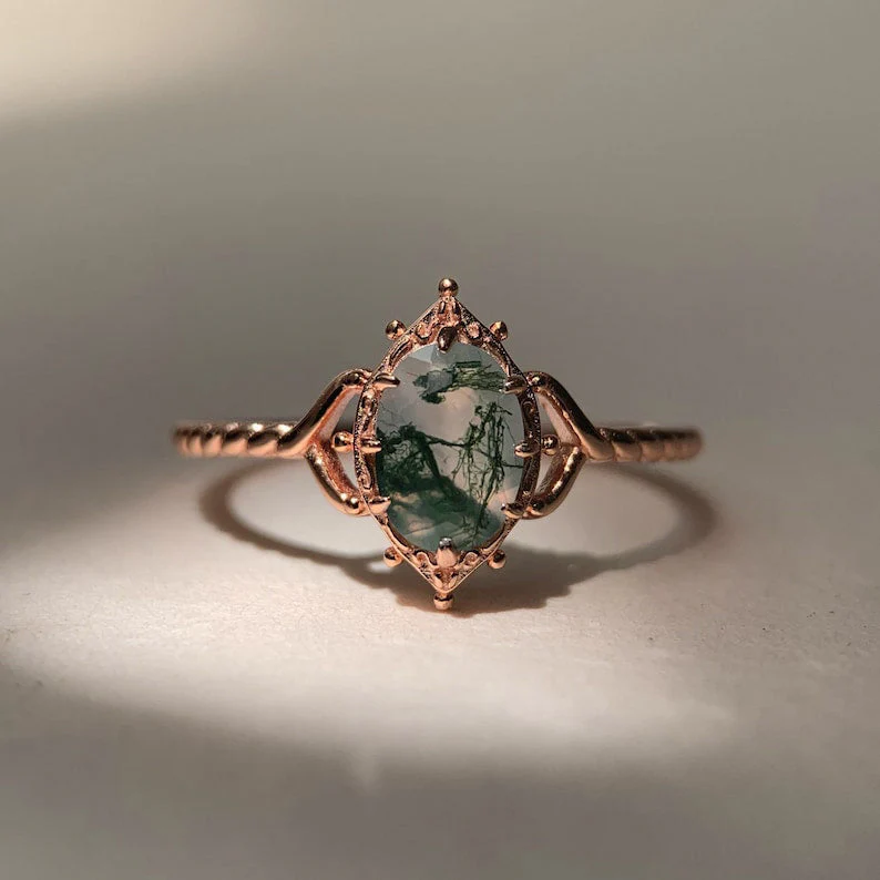 Natural Moss Agate Engagement Ring Vintage 925 Sterling Silver Gold Solitaire Rings Promise Jewelry Gift for Women - Image 8