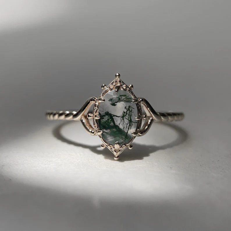 Natural Moss Agate Engagement Ring Vintage 925 Sterling Silver Gold Solitaire Rings Promise Jewelry Gift for Women - Image 9