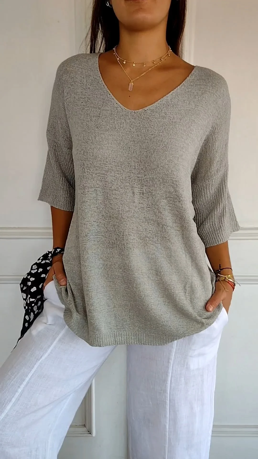 Solid Color Knitted V-neck Top - Image 14