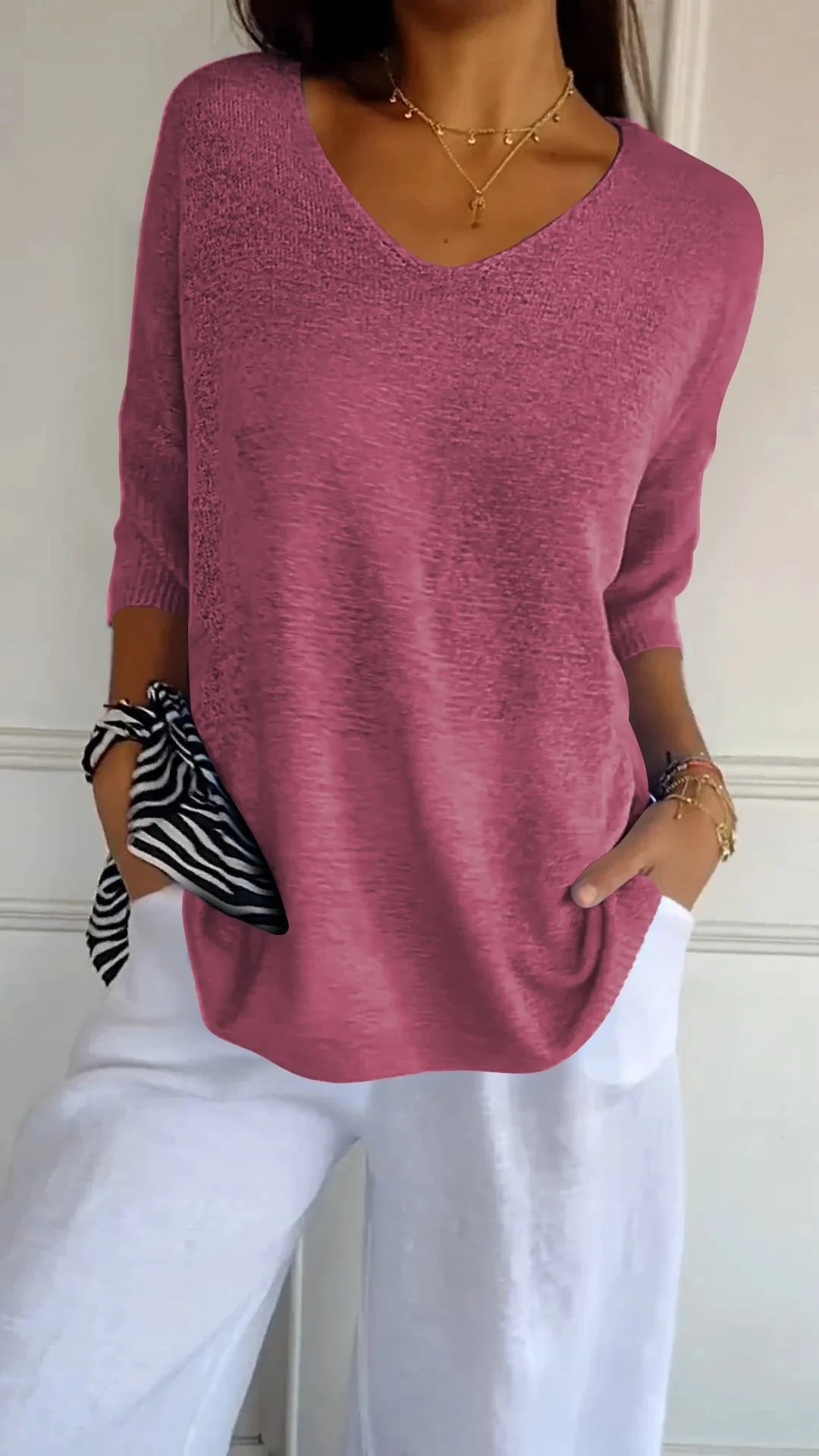 Solid Color Knitted V-neck Top - Image 15