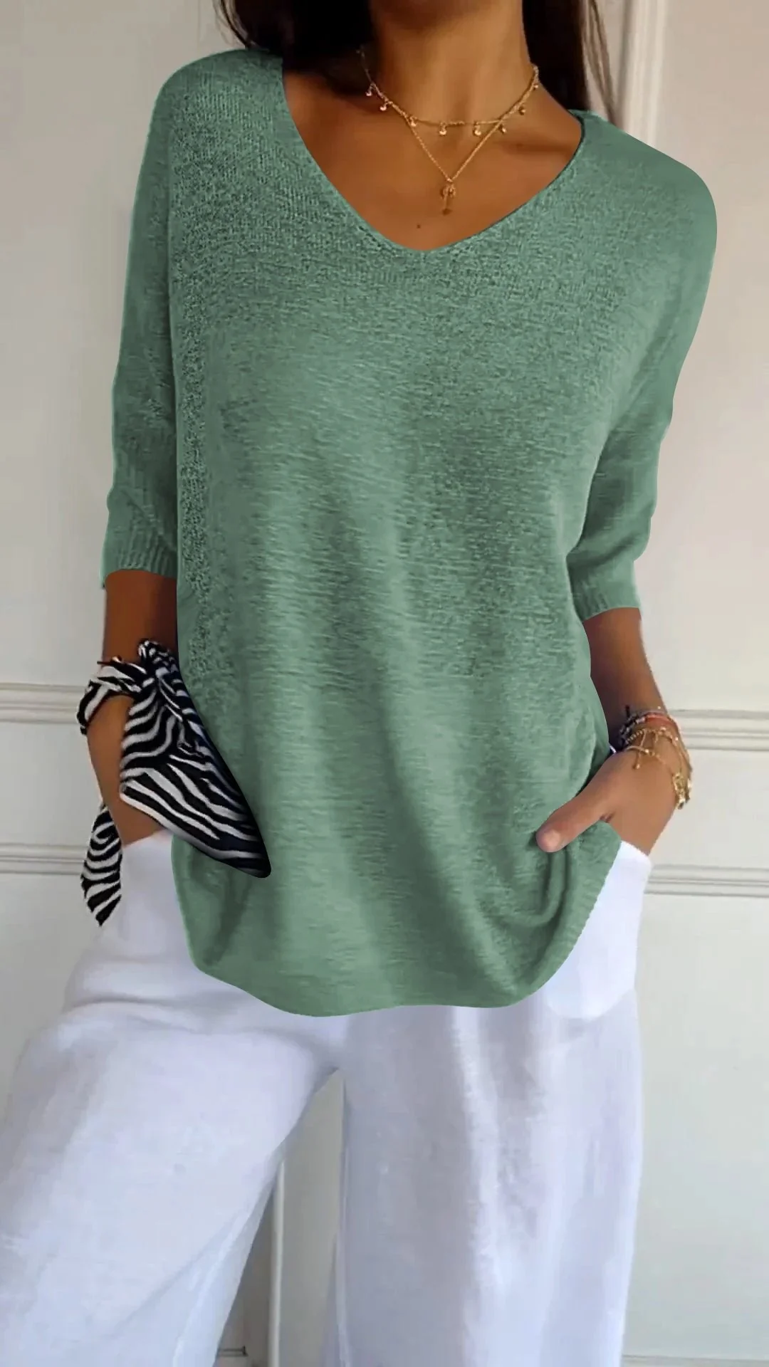 Solid Color Knitted V-neck Top - Image 16